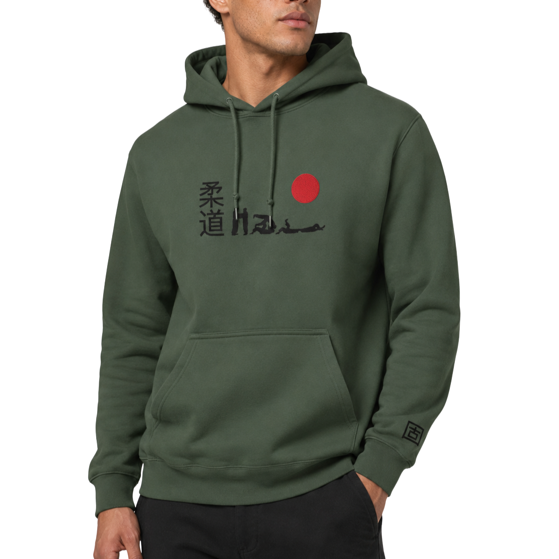 'Hajime' Embroidered Hoodie - Military Green & Black