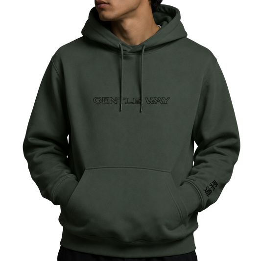 'Gentle Way' Embroidered Hoodie - Military Green & Black