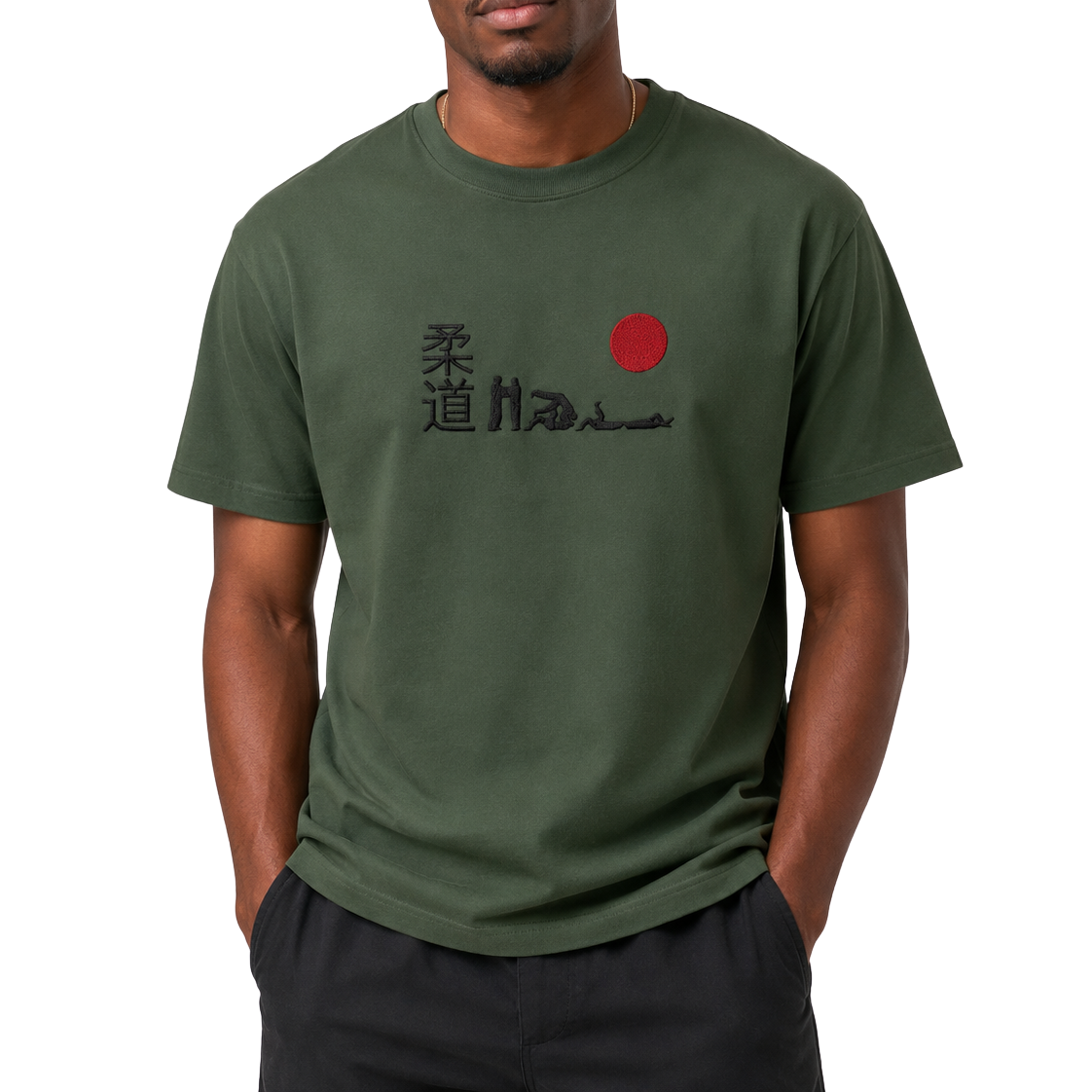 'Hajime' Embroidered T-shirt - Military Green & Black