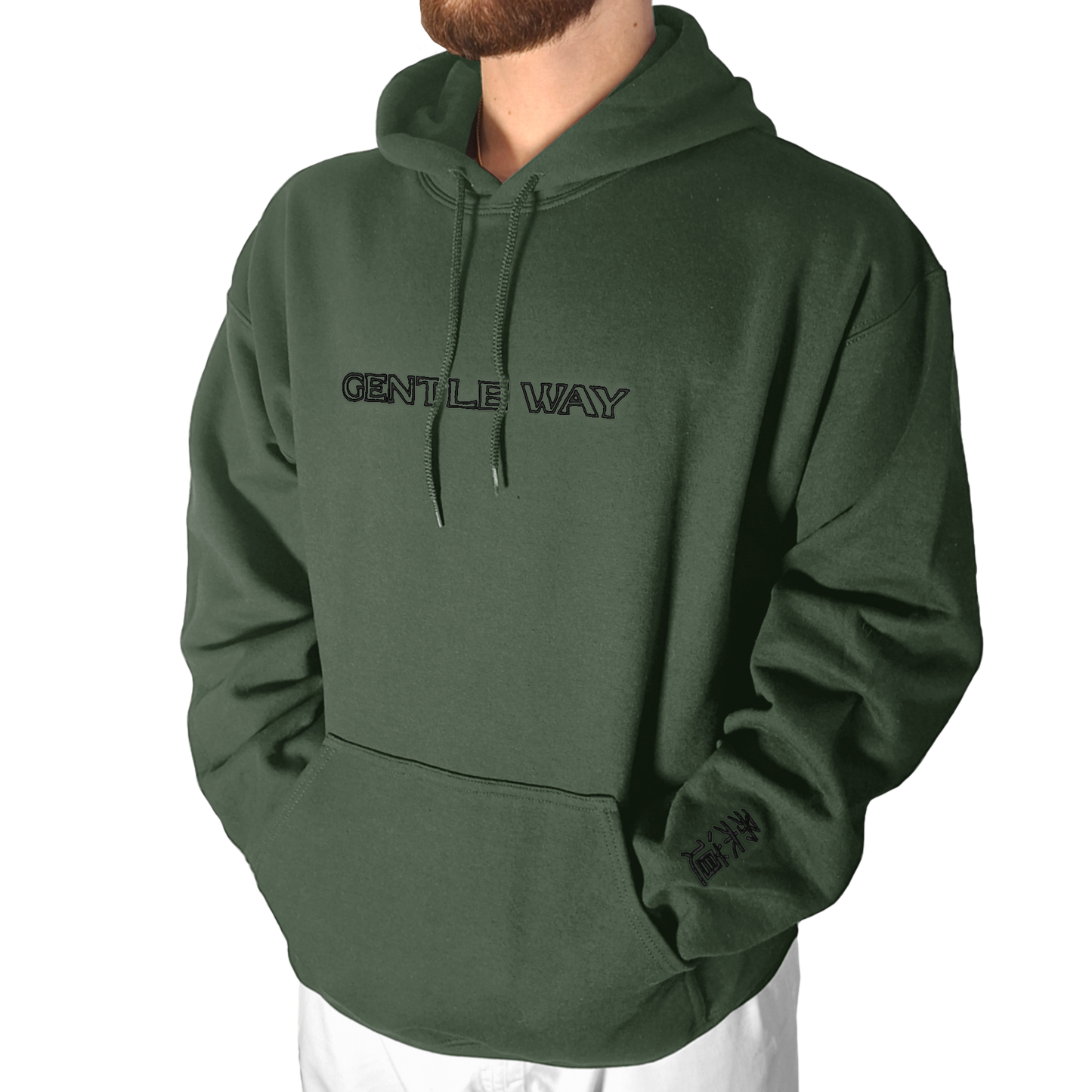 'Gentle Way' Embroidered Hoodie - Military Green & Black
