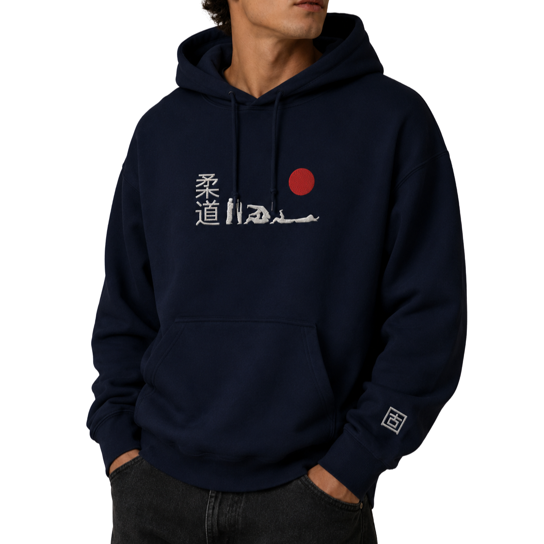 'Hajime' Embroidered Hoodie - Navy & White